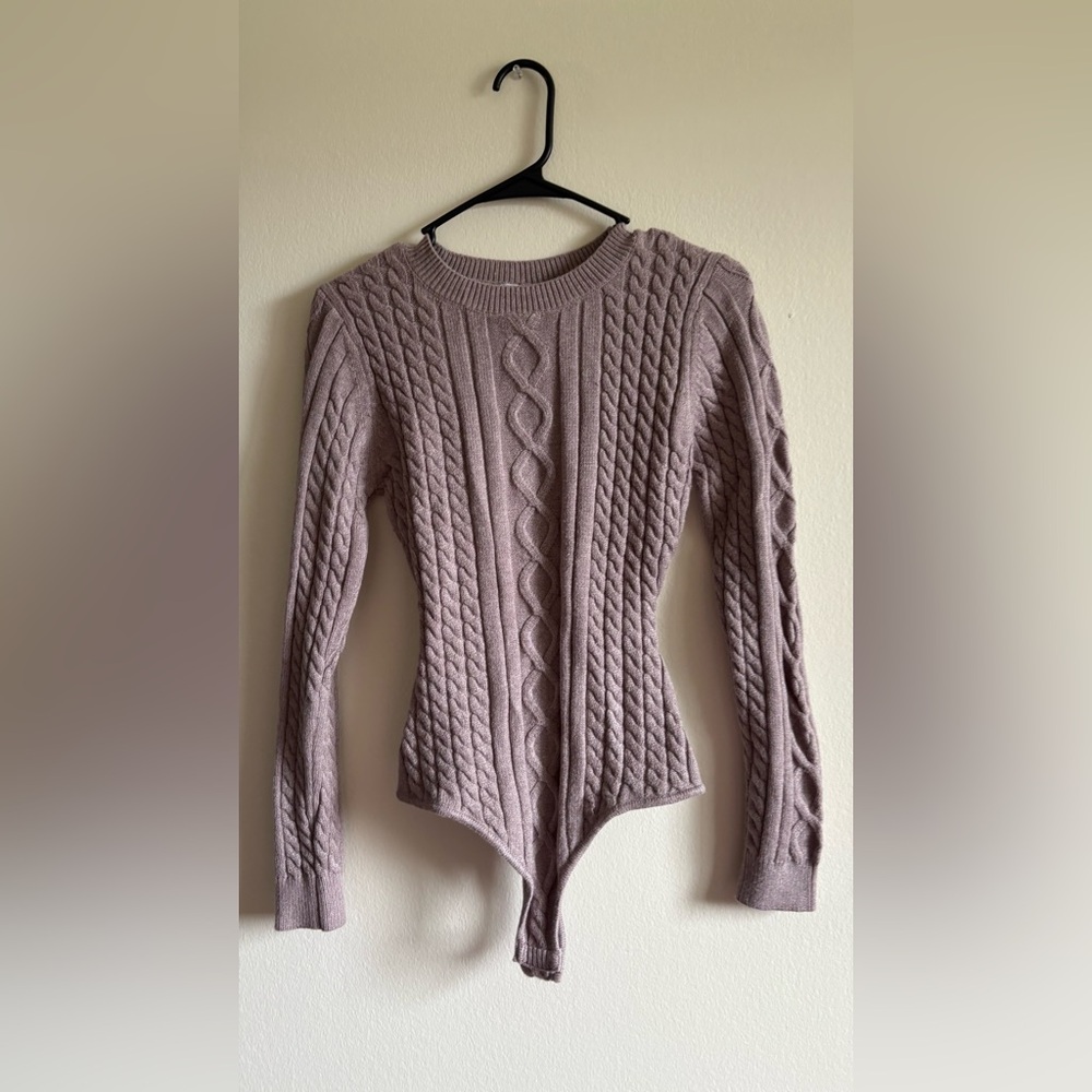 NanaMacs LeLis Mountain Peaks Cable Knit Open Back Bodysuit (Taupe Mocha) Medium